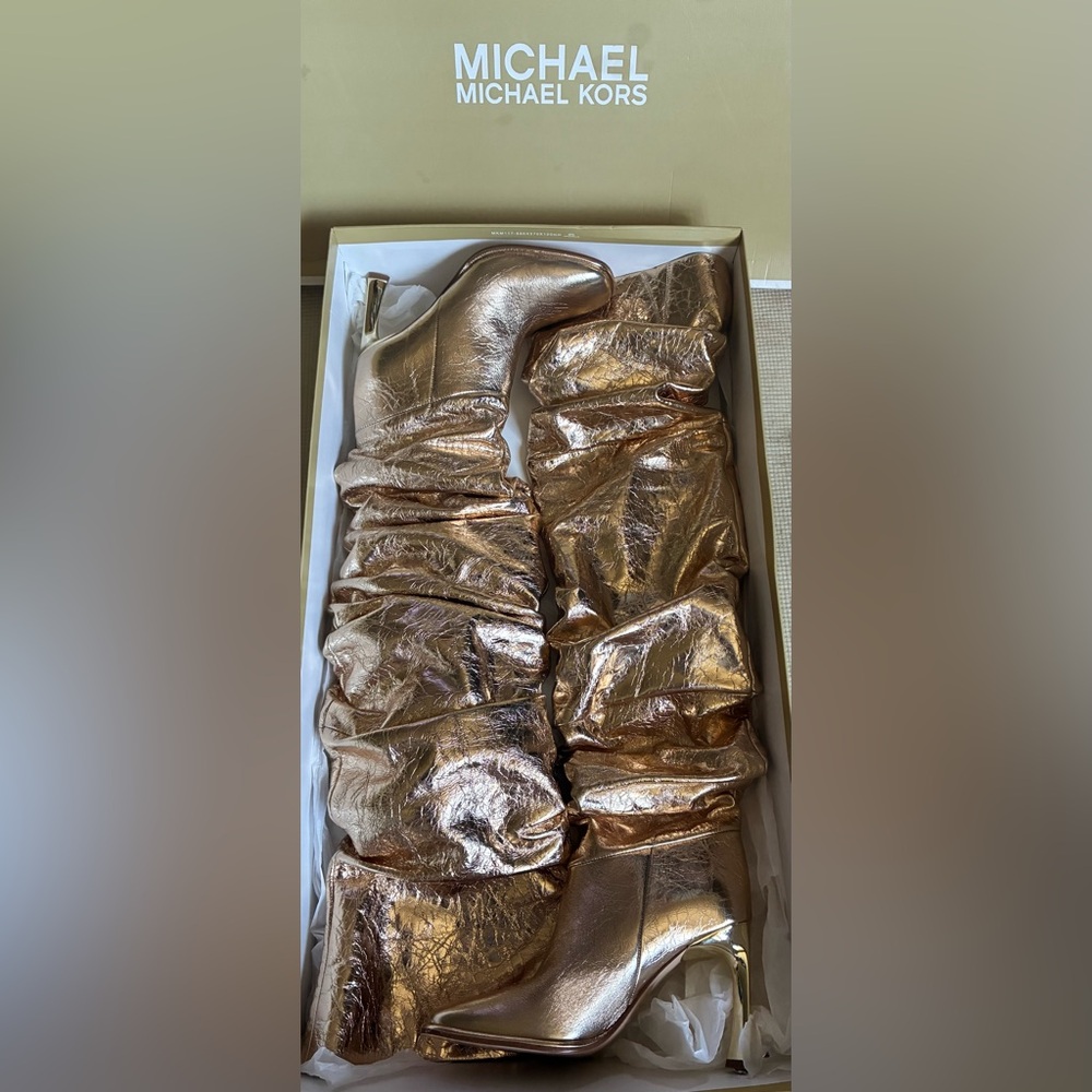 Michael Kors Gold Over-the-Knee Slouchy  metallic leather Stiletto Boots - Picture 2 of 3